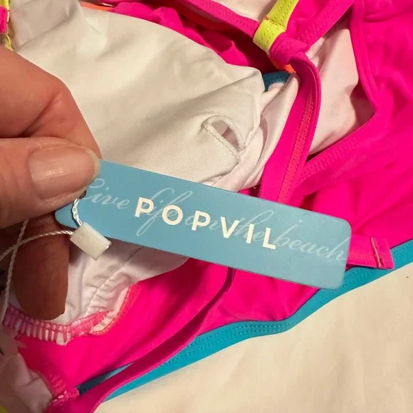 NEW POPVIL Womens One Piece Swimsuit Hot Pink Neon Ruched V-Neck Size Medium - Picture 5 of 7